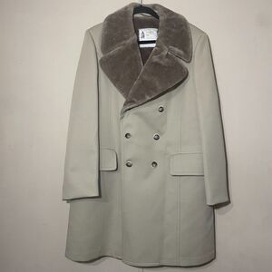 VINTAGE 70s London Fog Faux Fur Collar Beige Lined Overcoat Trench Coat Size 40